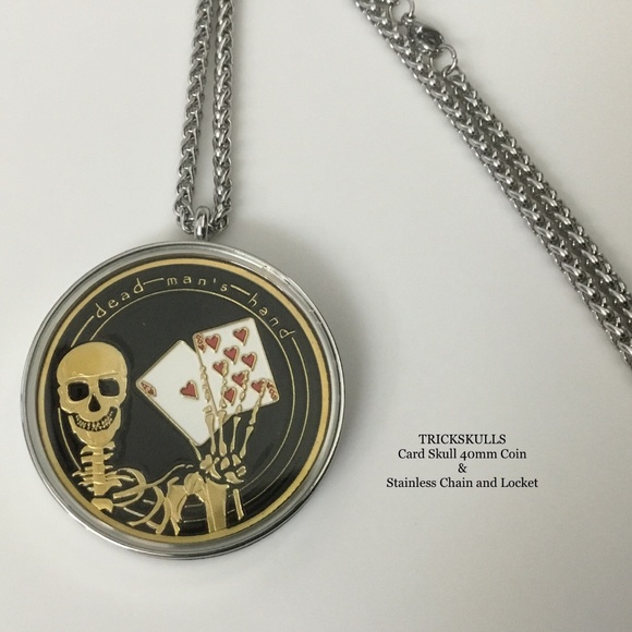 Card Guard Skeleton Skull Enamel Coin Stainless Locket 45-60cm Wheat Link Chain - Picture 9 of 9